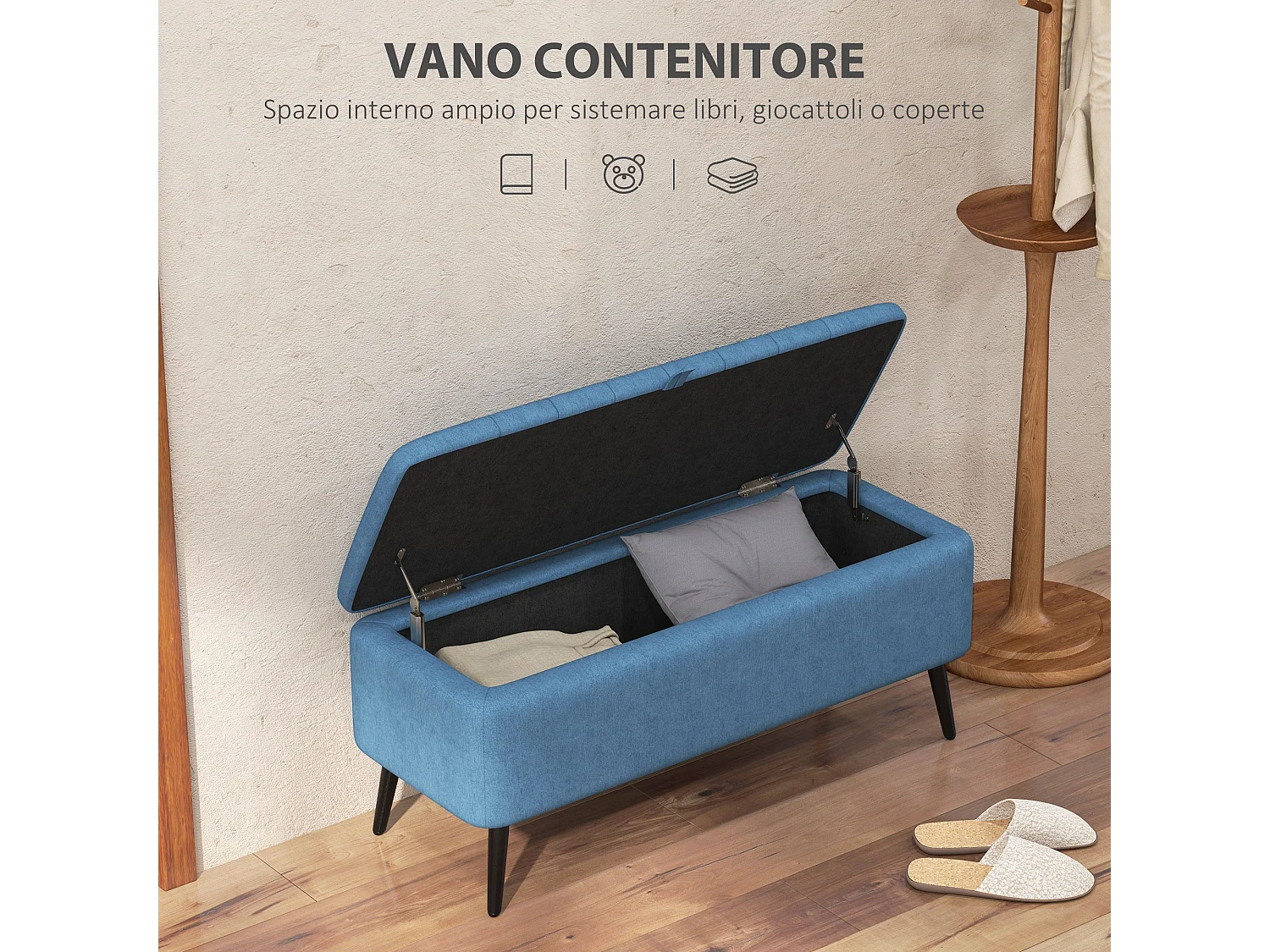 Panca contenitore rettangolare imbottita in tessuto lino blu scuro