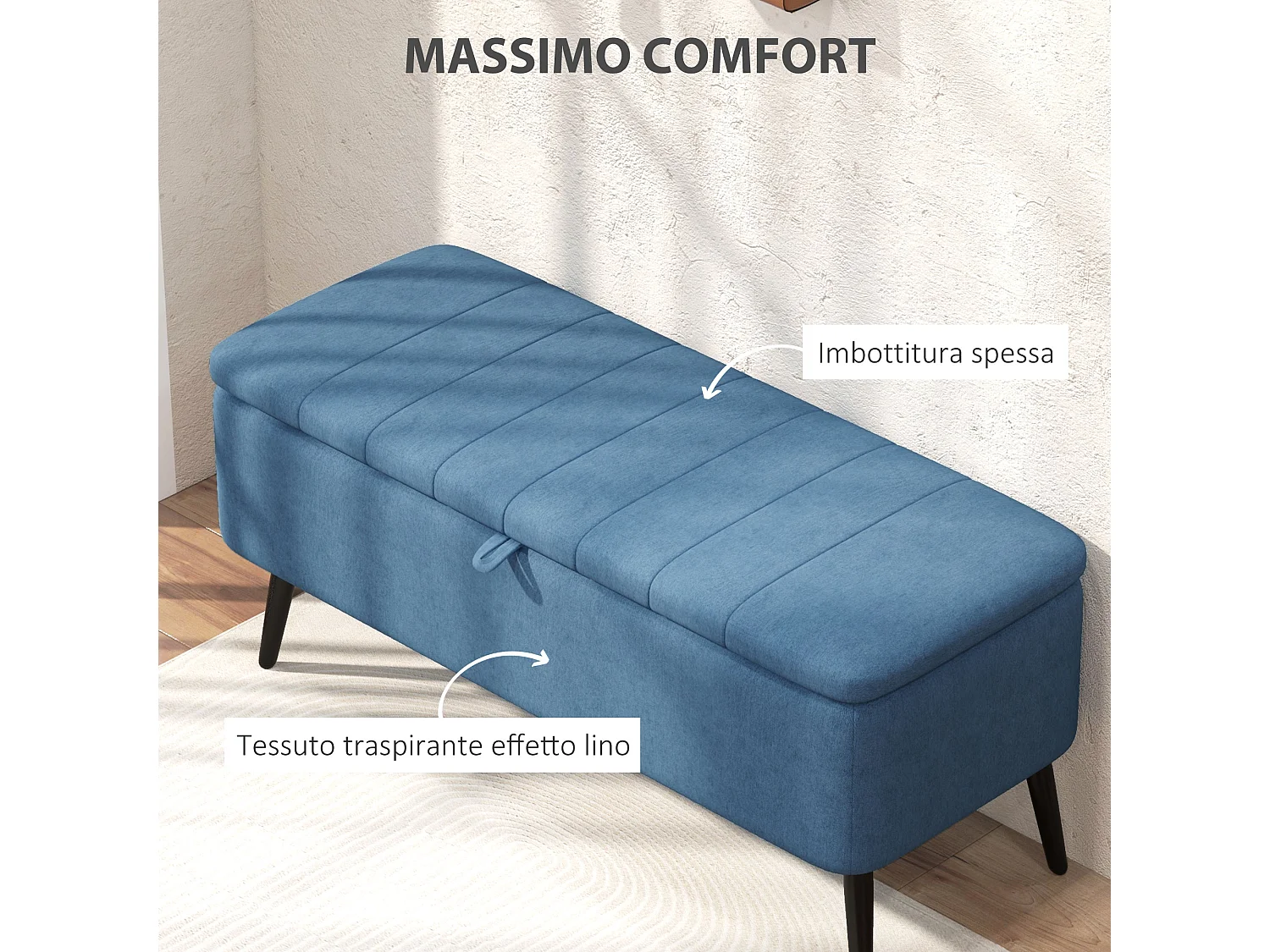 Panca contenitore rettangolare imbottita in tessuto lino blu scuro