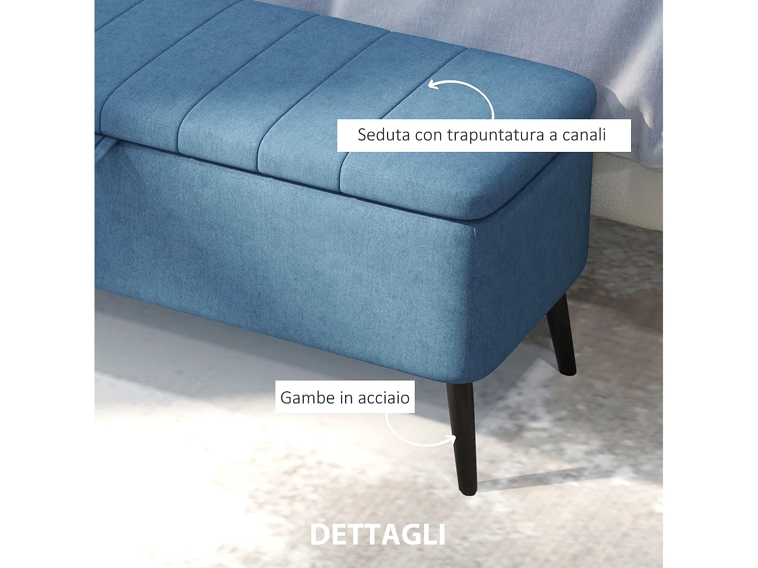 Panca contenitore rettangolare imbottita in tessuto lino blu scuro
