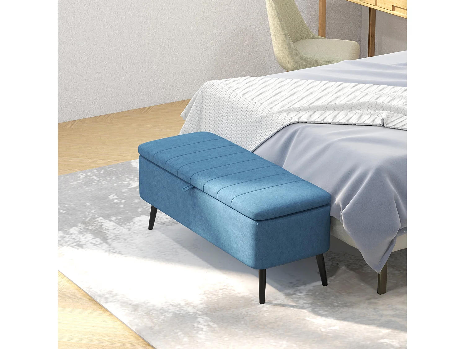 Panca contenitore rettangolare imbottita in tessuto lino blu scuro