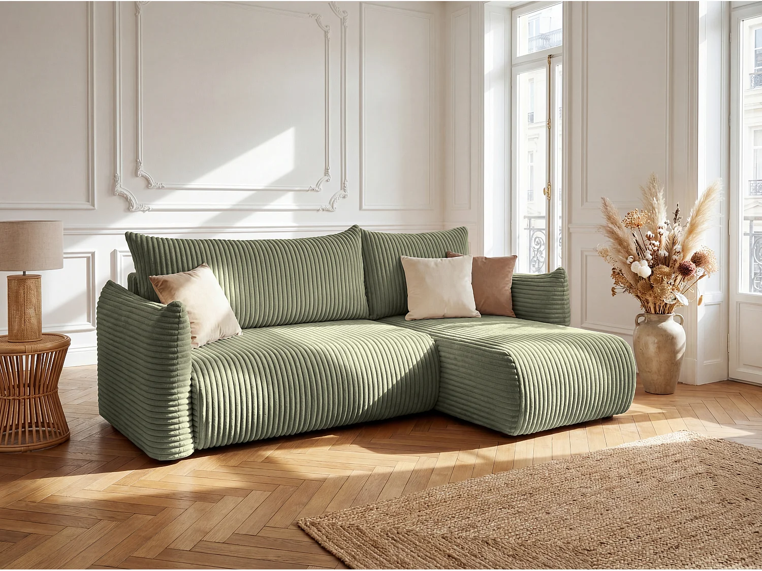 Canapé d'angle Floti mini, pour salon, avec fonction couchage, tissu Tilia, olive (37)