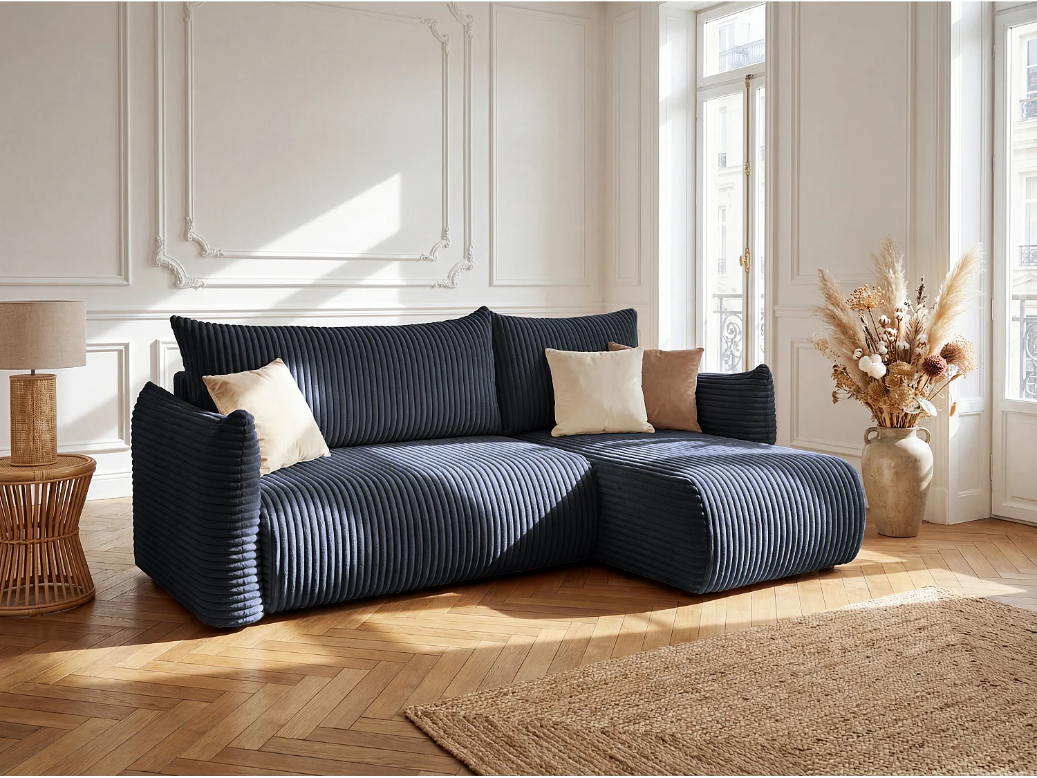 Canapé d'angle Floti mini, pour salon, avec fonction couchage, tissu Tilia, bleu marine (77)