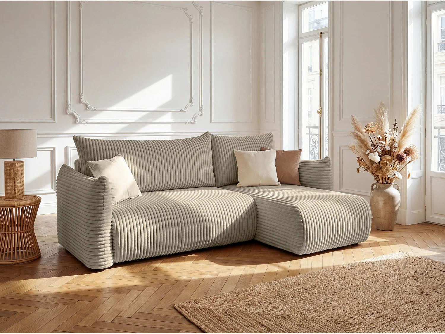 Canapé d'angle Floti mini, pour salon, avec fonction couchage, tissu Tilia, gris chaud (11)