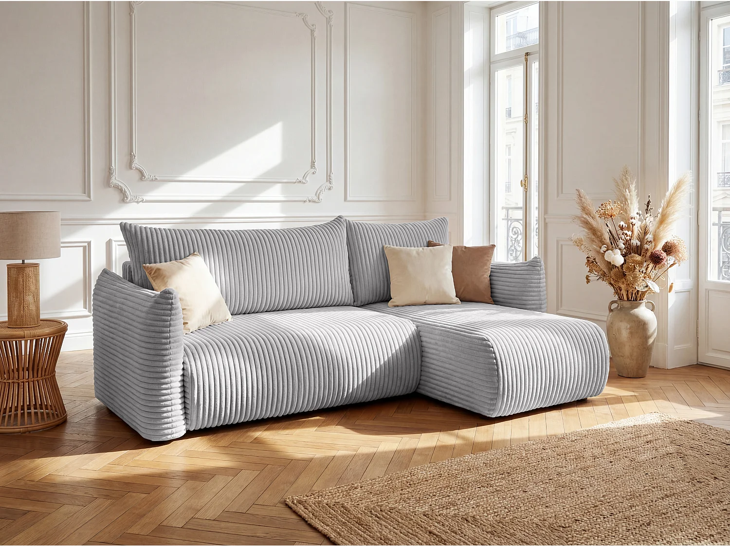 Canapé d'angle Floti mini, pour salon, avec fonction couchage, tissu Tilia, gris (86)