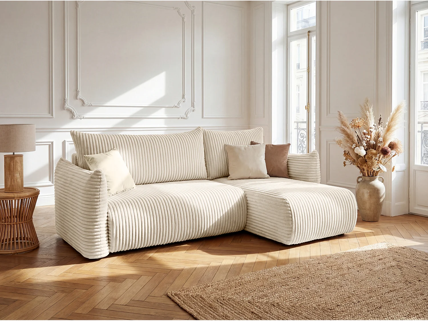 Canapé d'angle Floti mini, pour salon, avec fonction couchage, tissu Tilia, beige (03)