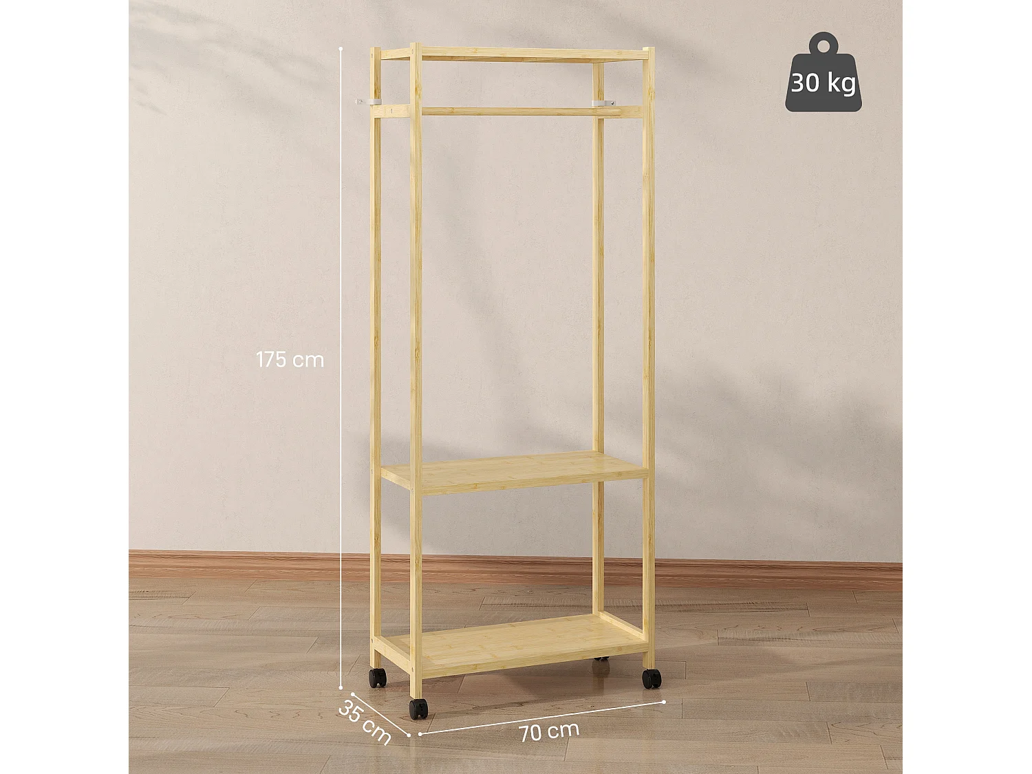 Stand appendiabiti da terra con ripiani e ruote in bambù