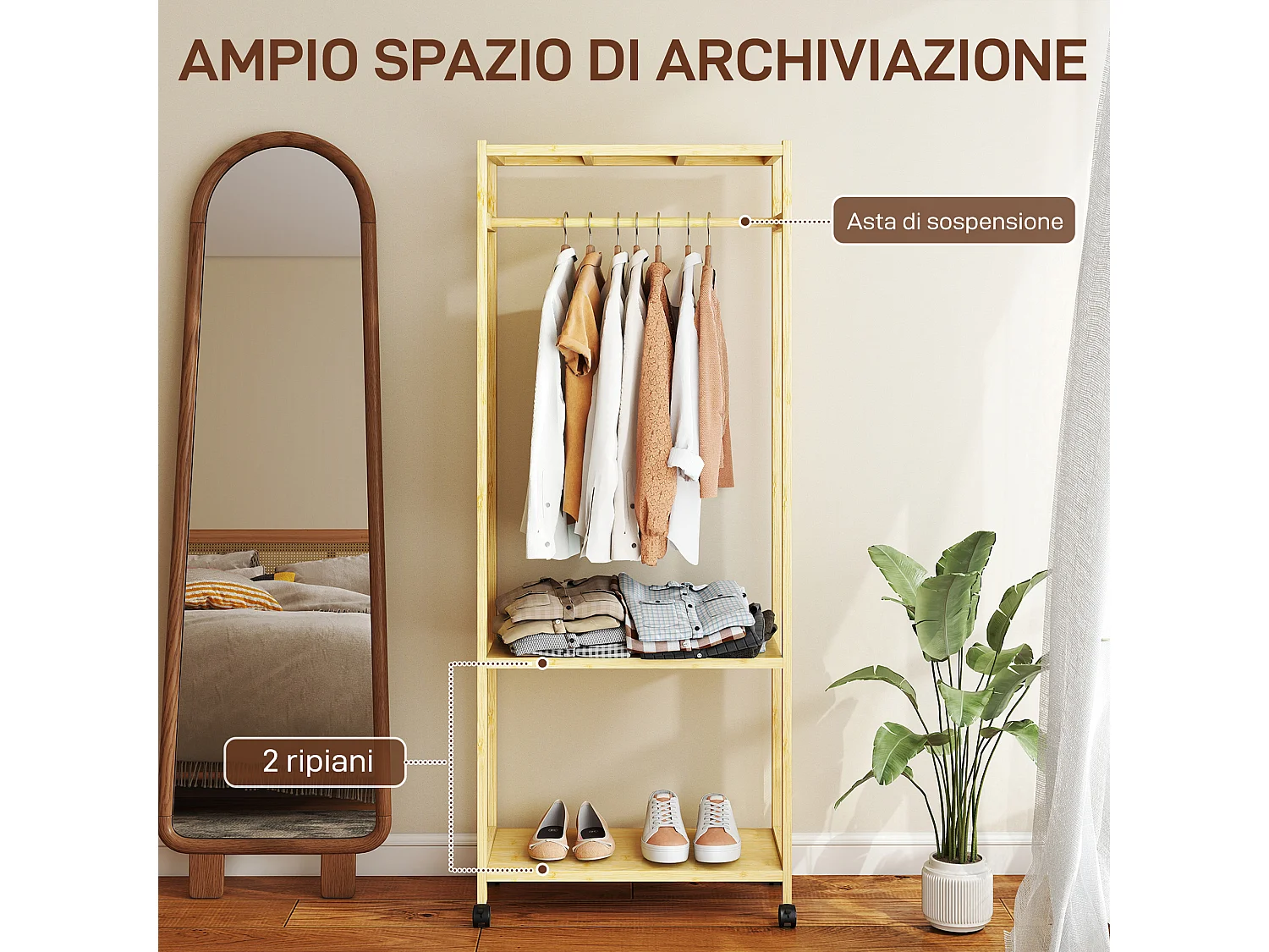 Stand appendiabiti da terra con ripiani e ruote in bambù