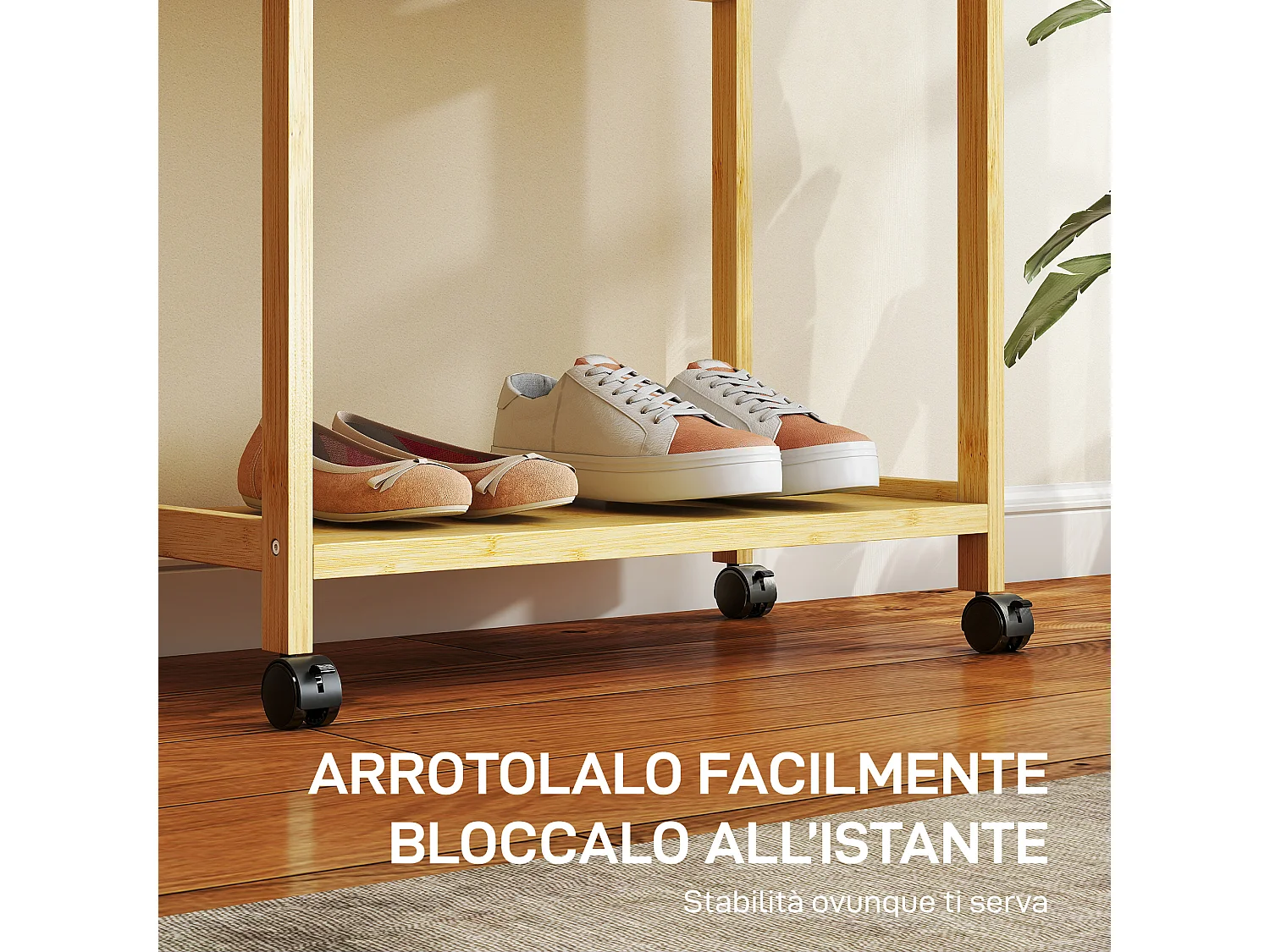 Stand appendiabiti da terra con ripiani e ruote in bambù