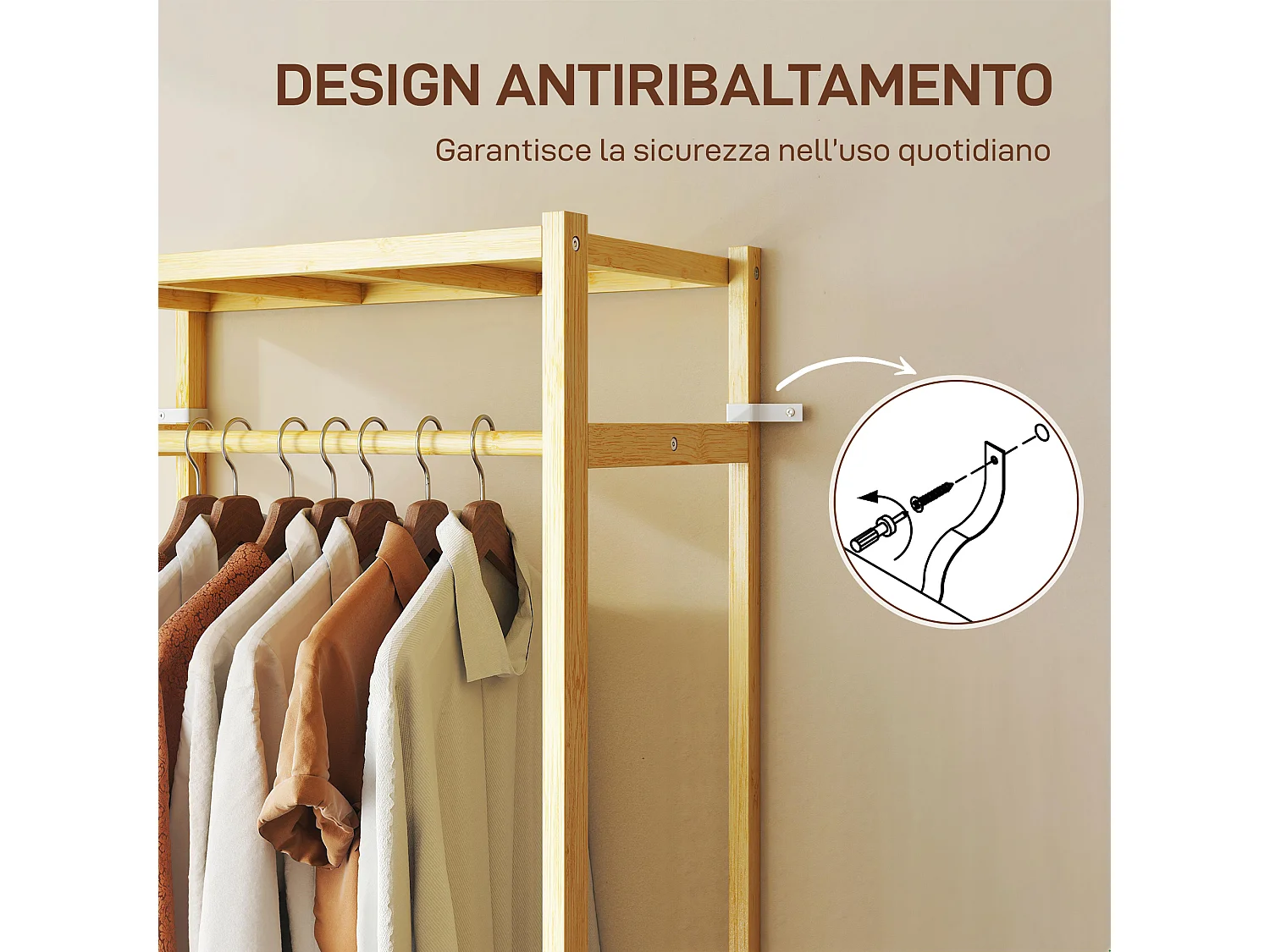 Stand appendiabiti da terra con ripiani e ruote in bambù