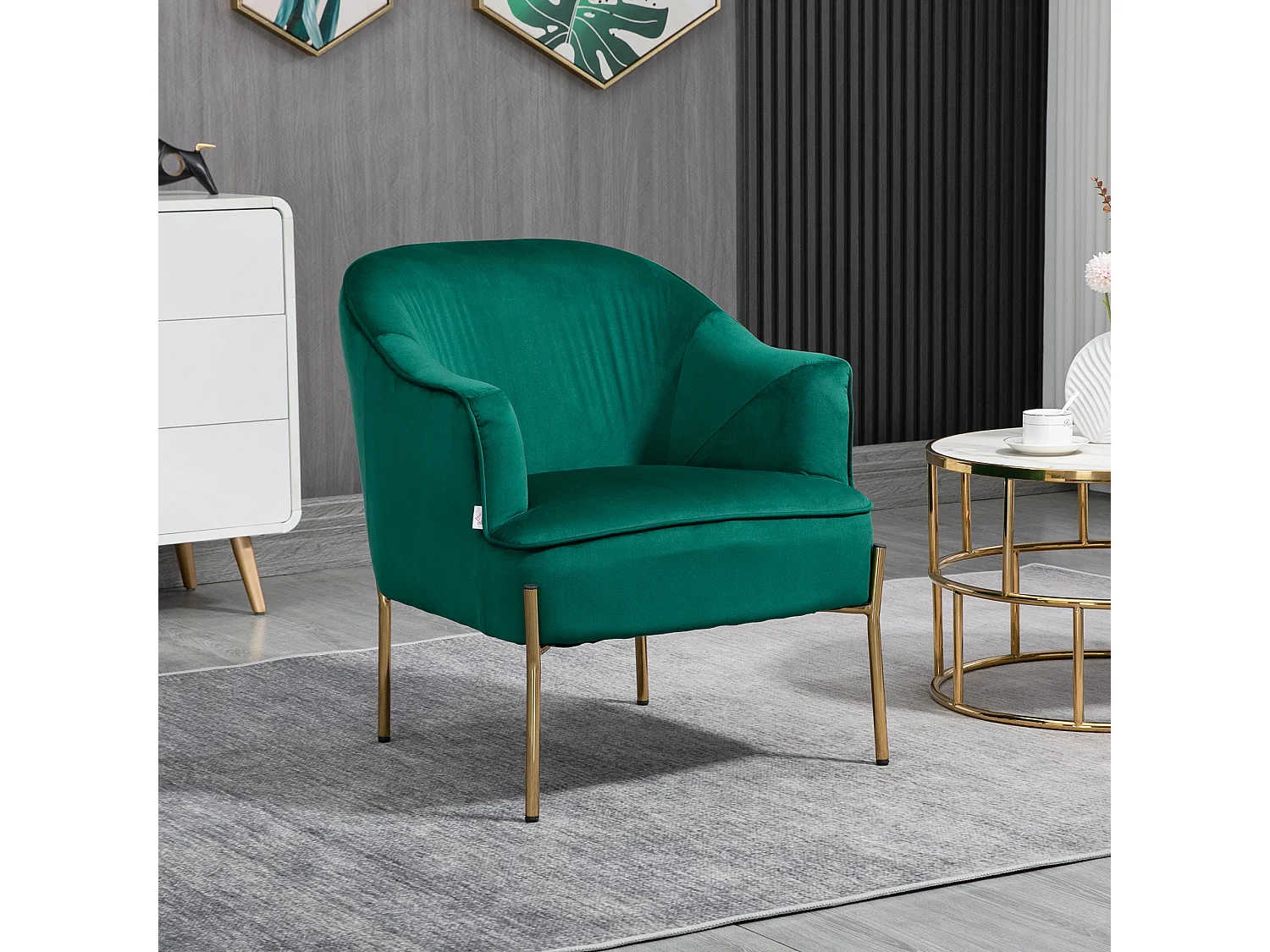 Poltrona in tessuto effetto velluto con gambe oro in acciaio verde