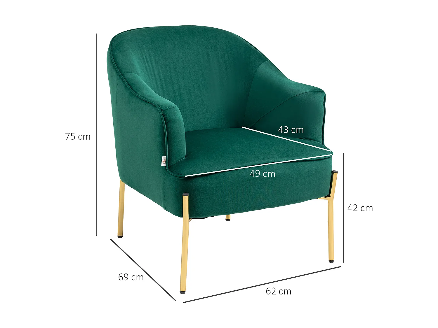Poltrona in tessuto effetto velluto con gambe oro in acciaio verde