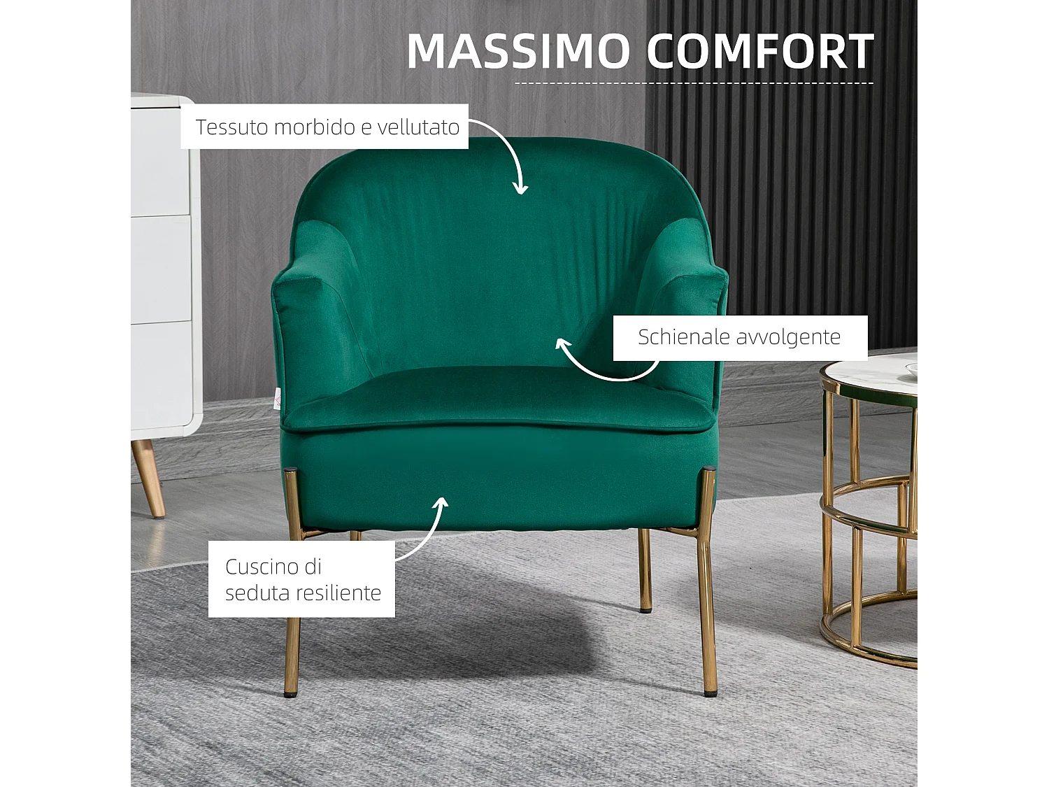 Poltrona in tessuto effetto velluto con gambe oro in acciaio verde