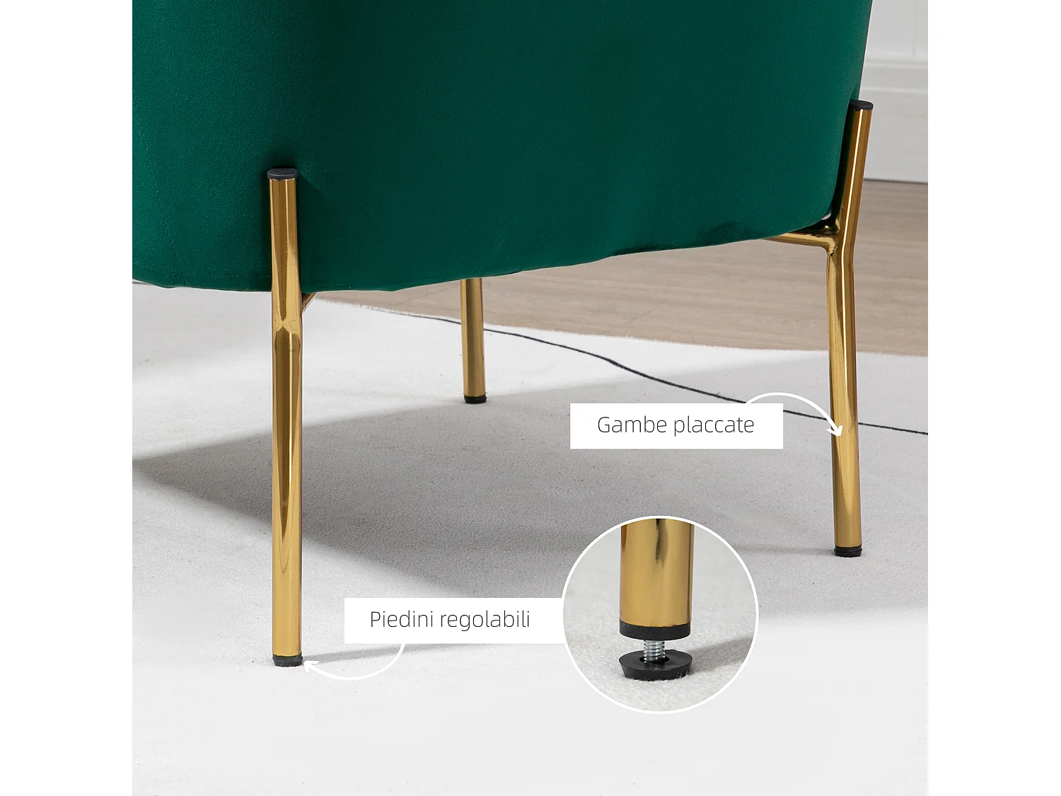 Poltrona in tessuto effetto velluto con gambe oro in acciaio verde