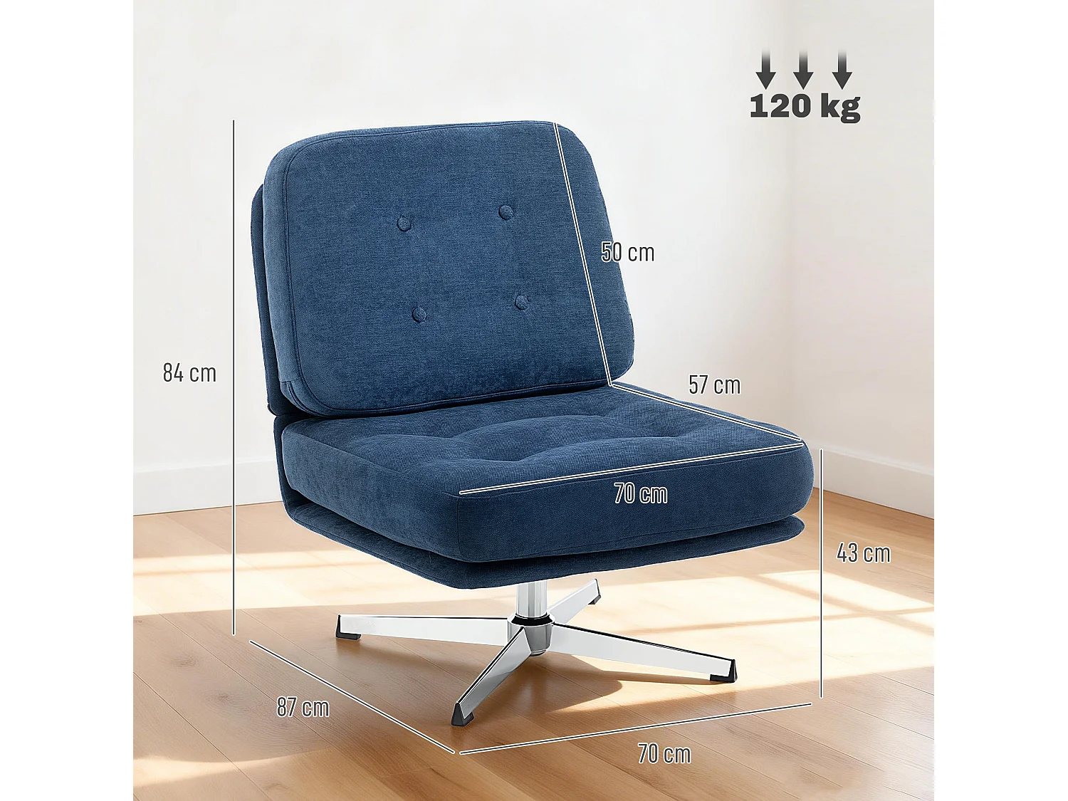 Poltrona girevole con seduta larga in chenille blu scuro