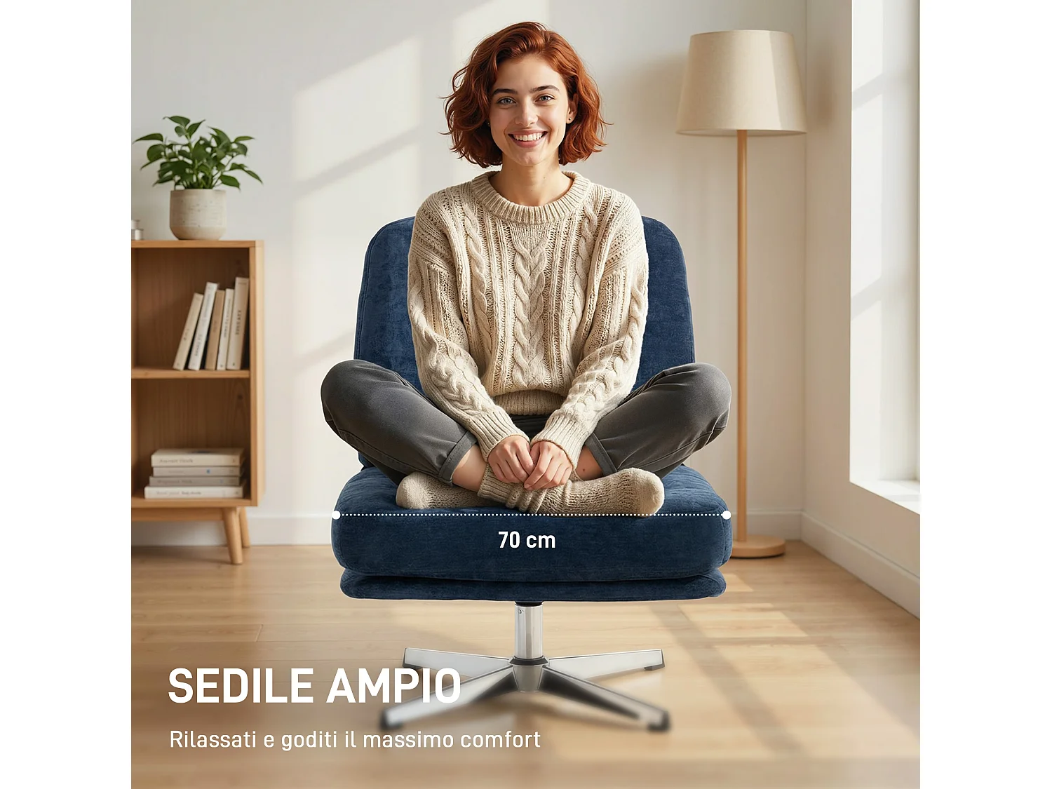 Poltrona girevole con seduta larga in chenille blu scuro