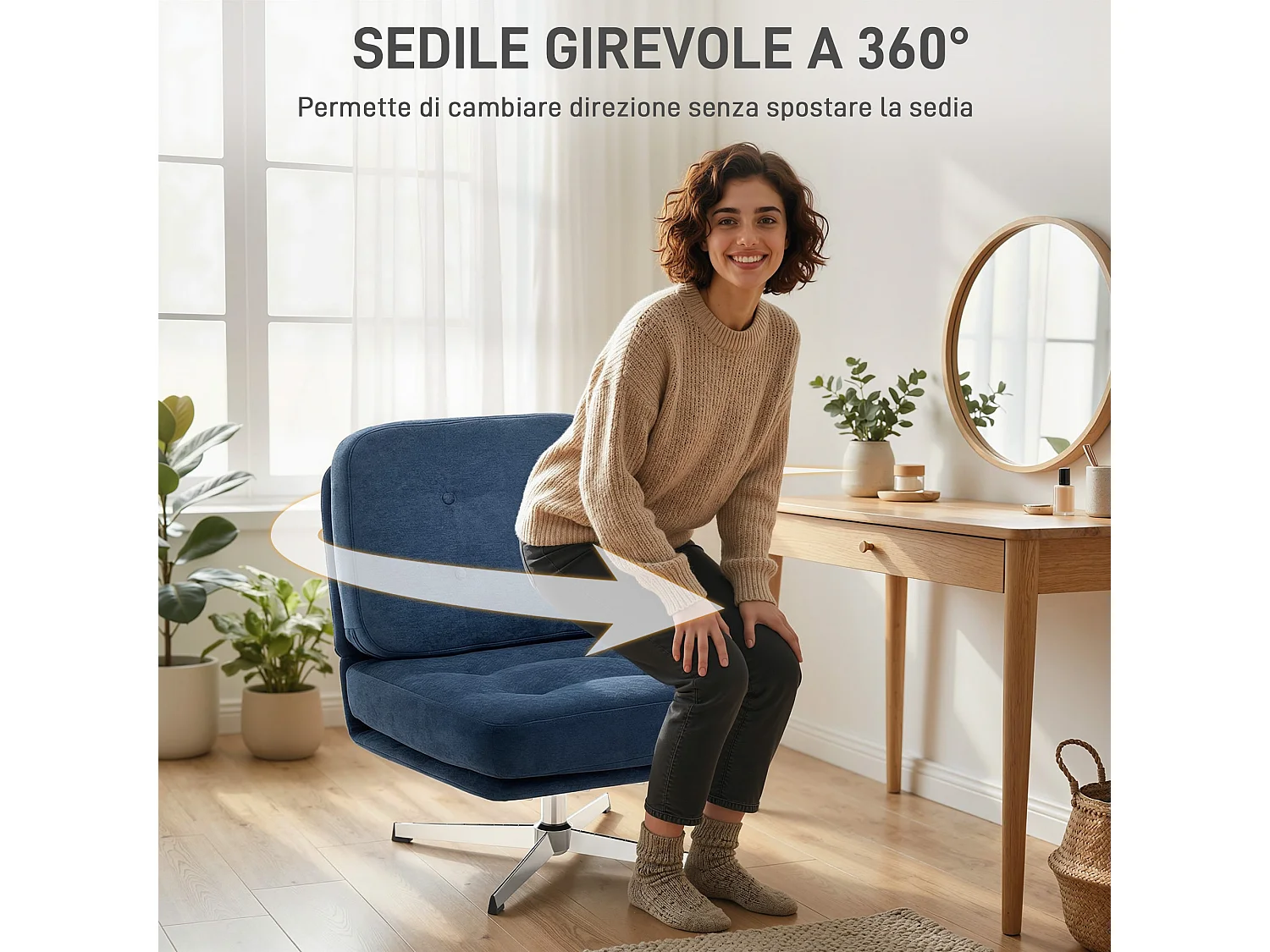 Poltrona girevole con seduta larga in chenille blu scuro