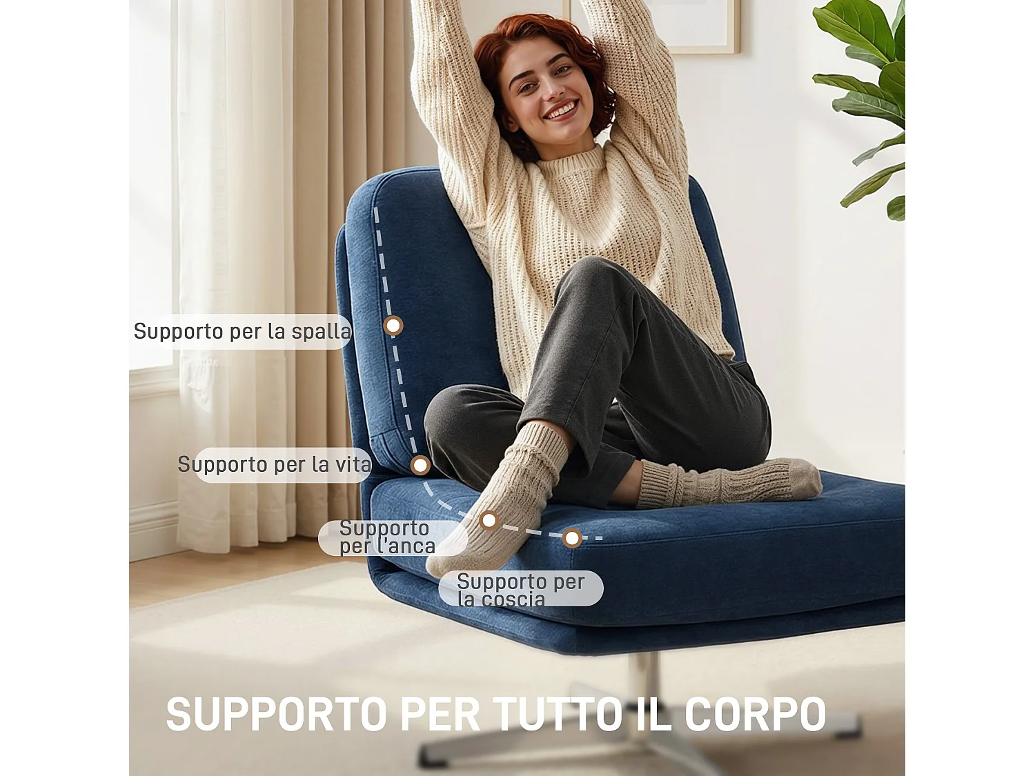 Poltrona girevole con seduta larga in chenille blu scuro