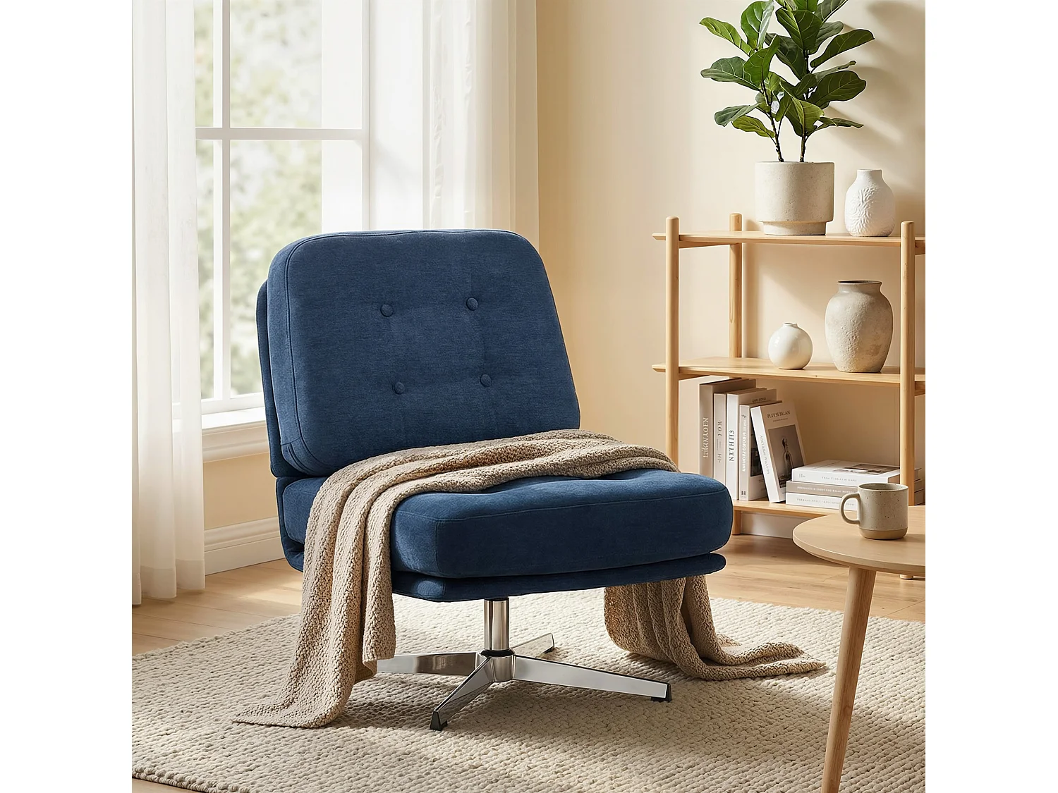 Poltrona girevole con seduta larga in chenille blu scuro