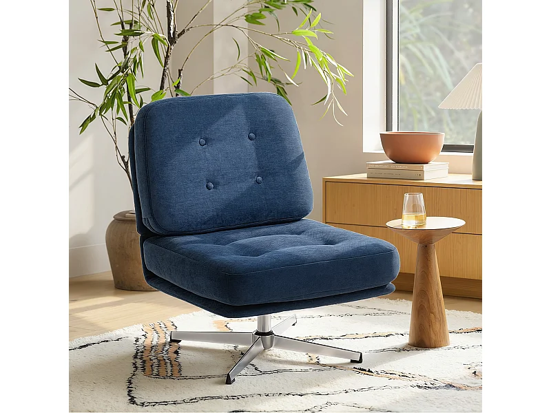 Poltrona girevole con seduta larga in chenille blu scuro