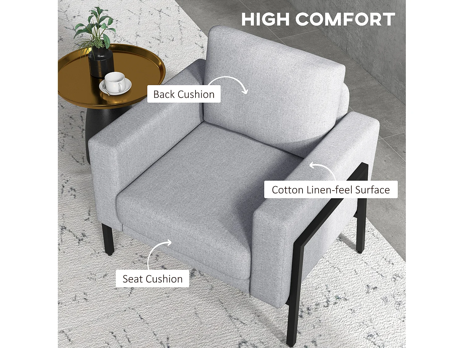 Poltroncina imbottita con cuscini per seduta e schienale grigio chiaro