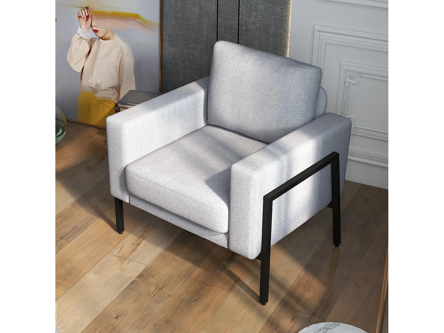 Poltroncina imbottita con cuscini per seduta e schienale grigio chiaro