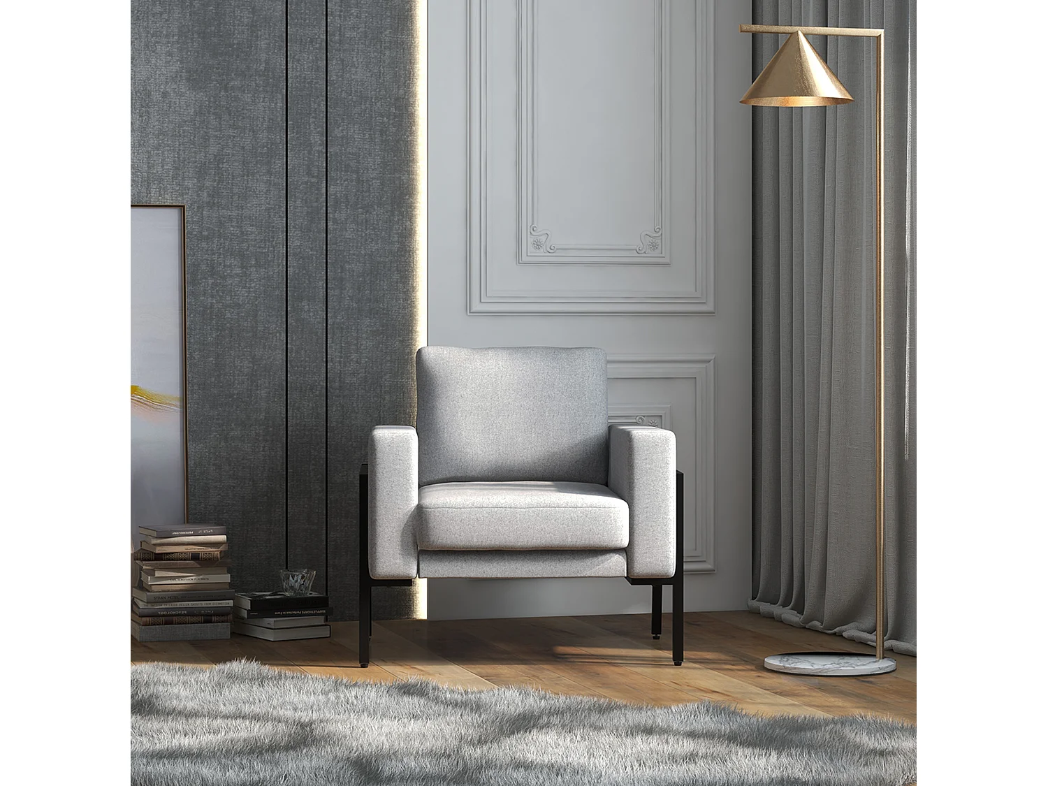 Poltroncina imbottita con cuscini per seduta e schienale grigio chiaro