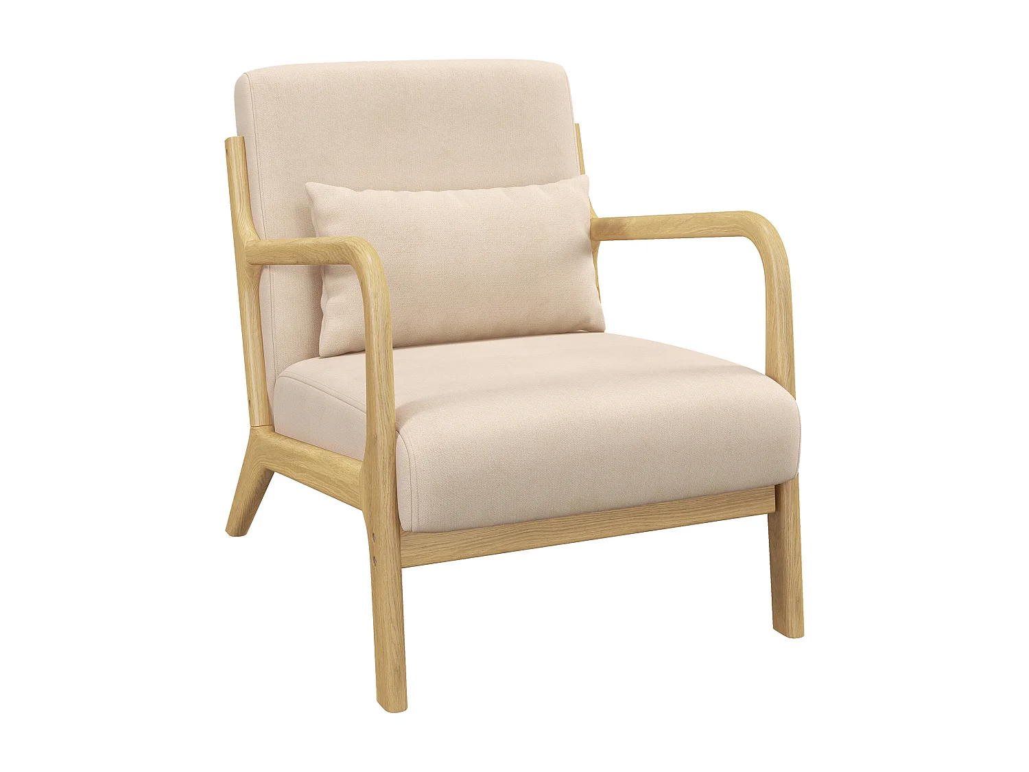 Poltroncina da camera imbottita con cuscino in velluto e legno beige