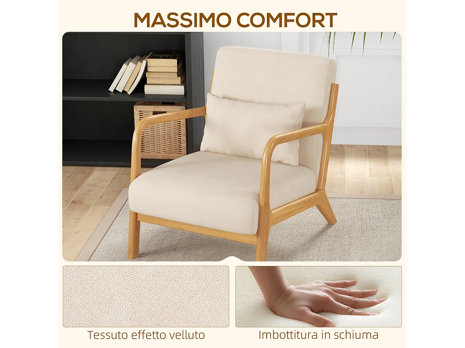 Poltroncina da camera imbottita con cuscino in velluto e legno beige