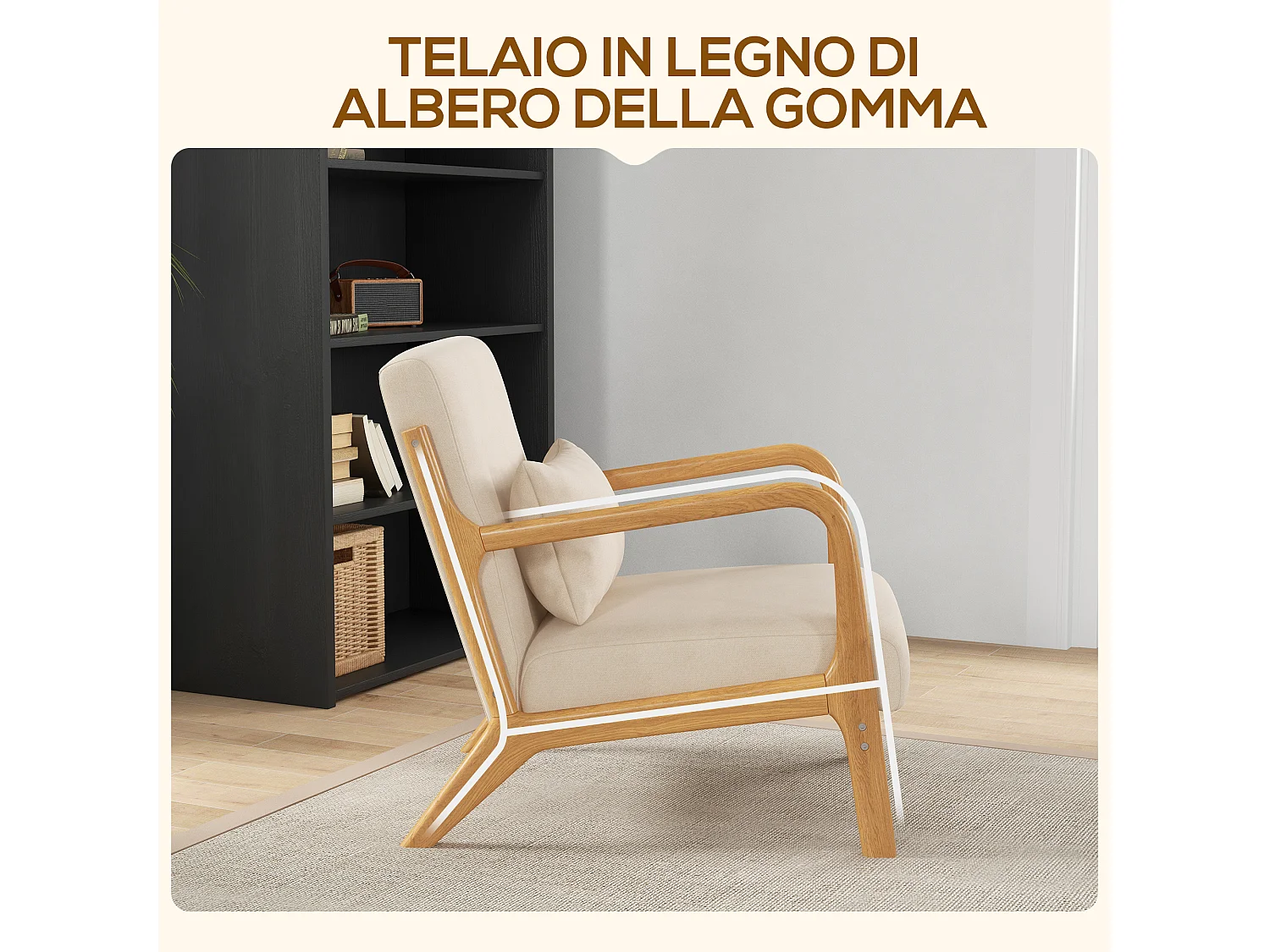 Poltroncina da camera imbottita con cuscino in velluto e legno beige