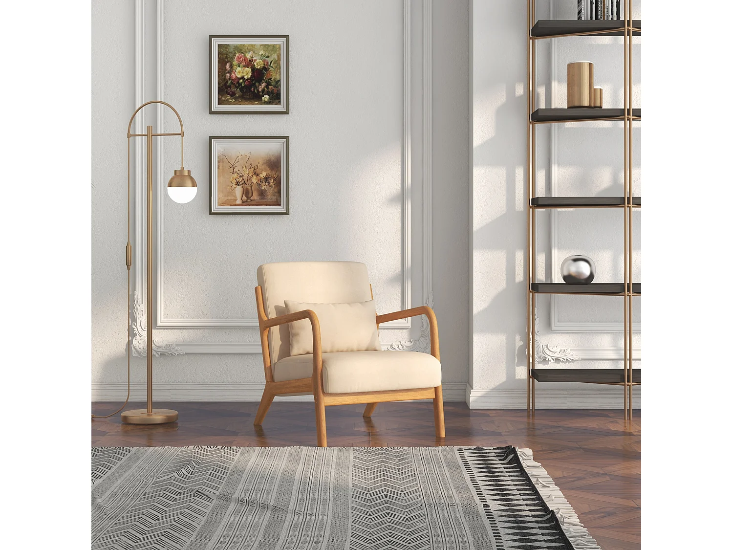 Poltroncina da camera imbottita con cuscino in velluto e legno beige