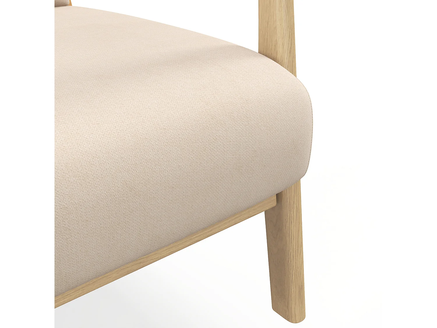 Poltroncina da camera imbottita con cuscino in velluto e legno beige
