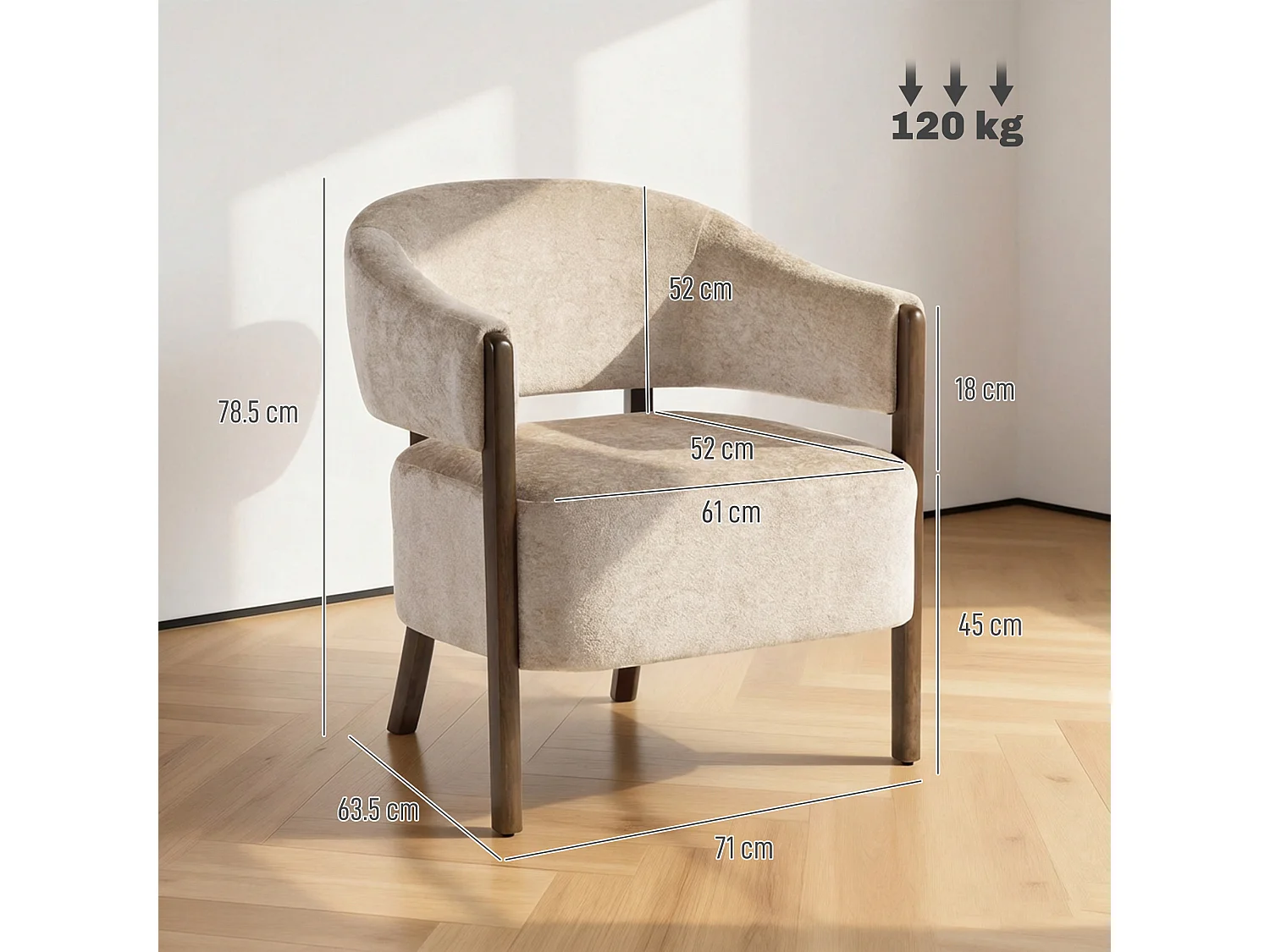 Poltrona elegante in tessuto ciniglia con gambe legno beige