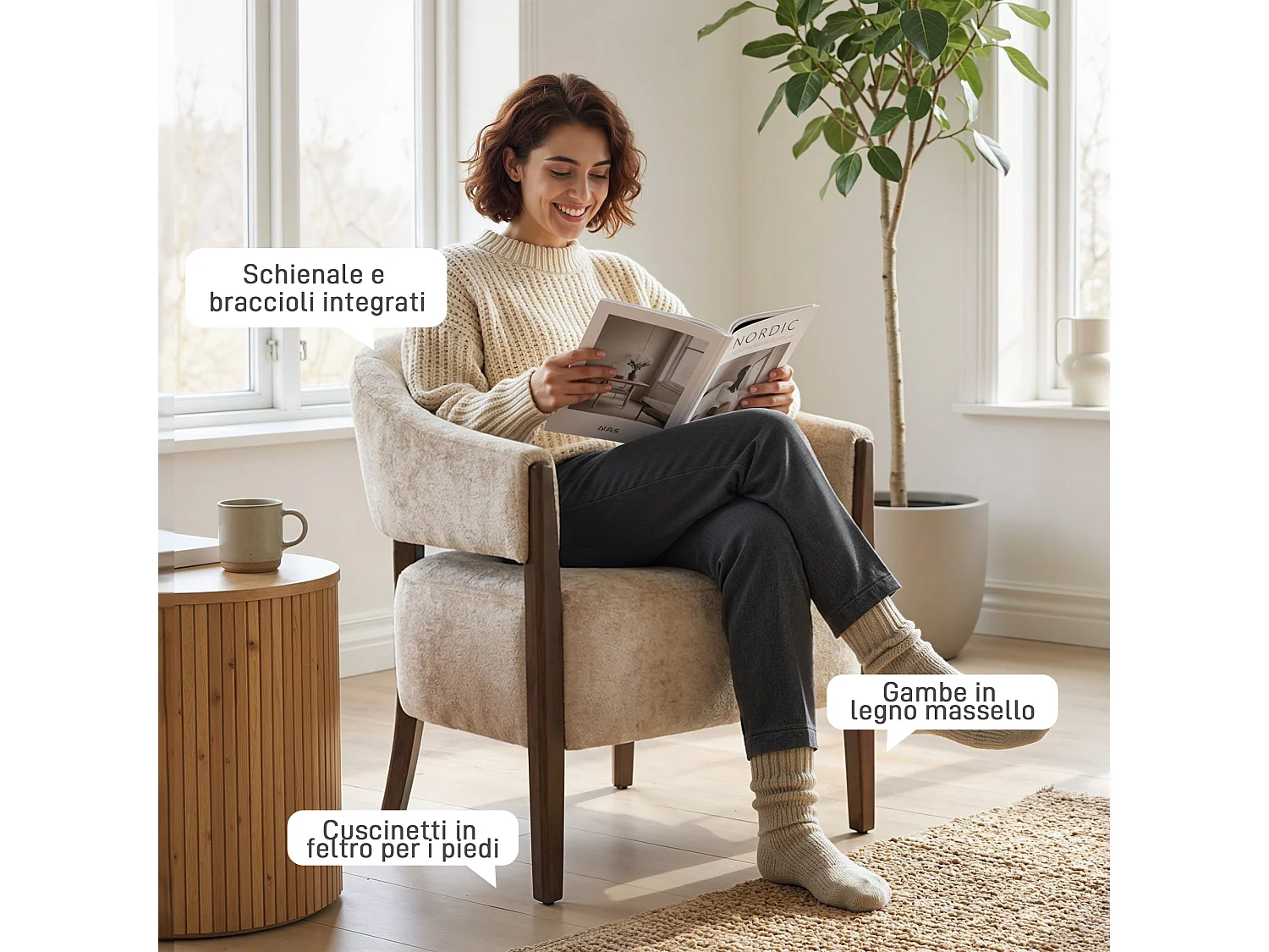 Poltrona elegante in tessuto ciniglia con gambe legno beige