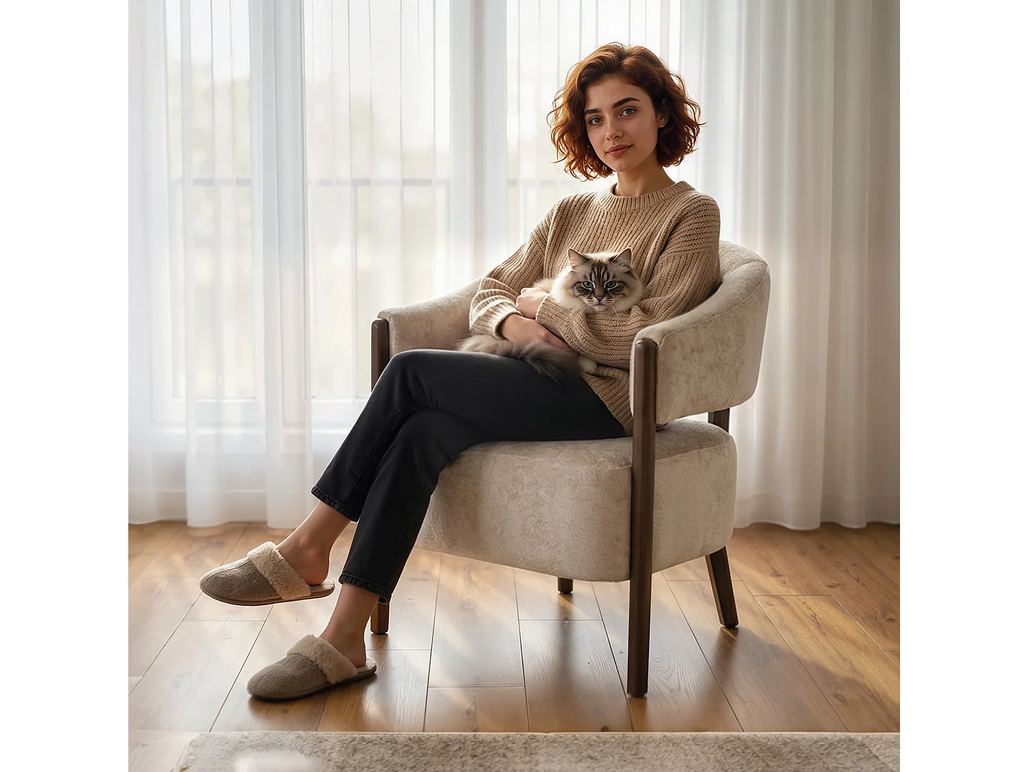 Poltrona elegante in tessuto ciniglia con gambe legno beige