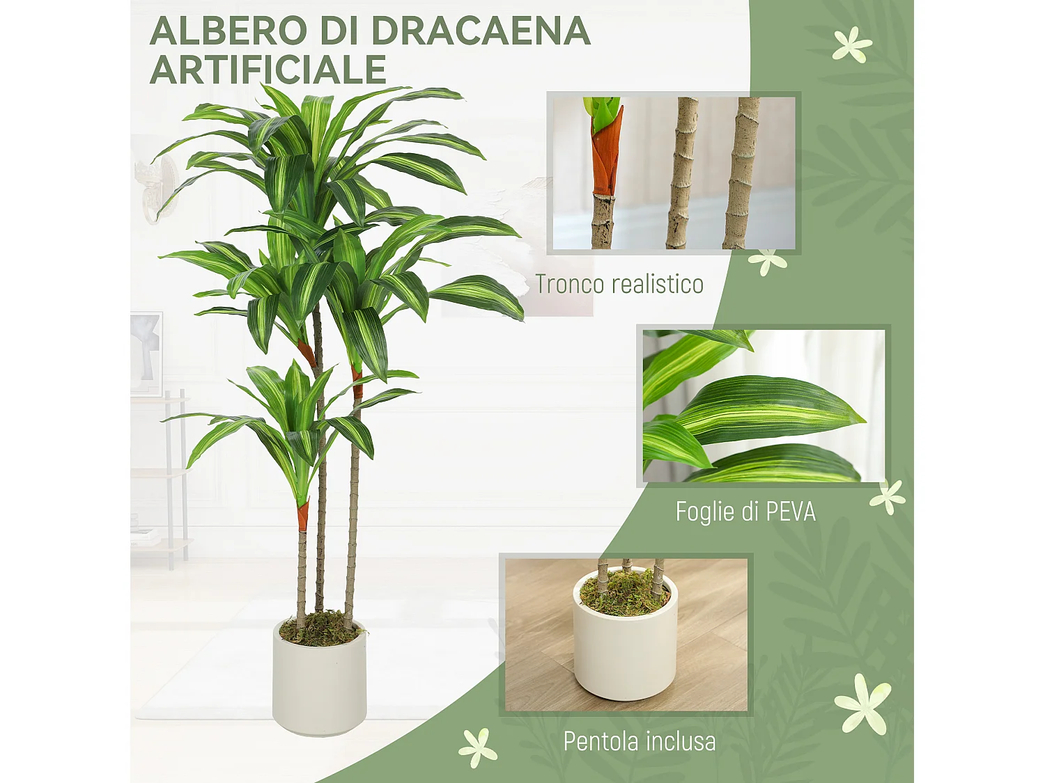 Pianta artificiale di dracena in peva e legno 60x40x120 cm verde
