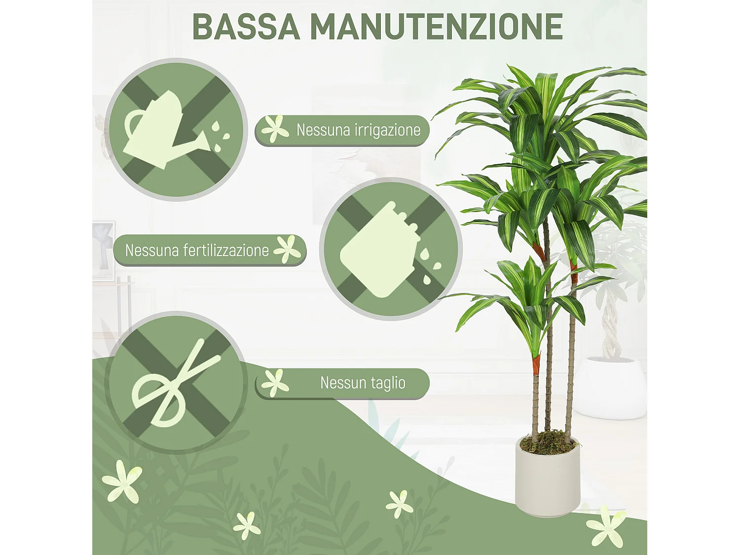 Pianta artificiale di dracena in peva e legno 60x40x120 cm verde