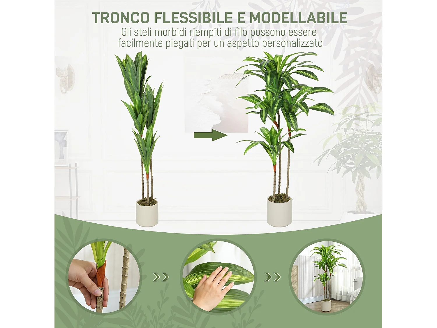 Pianta artificiale di dracena in peva e legno 60x40x120 cm verde