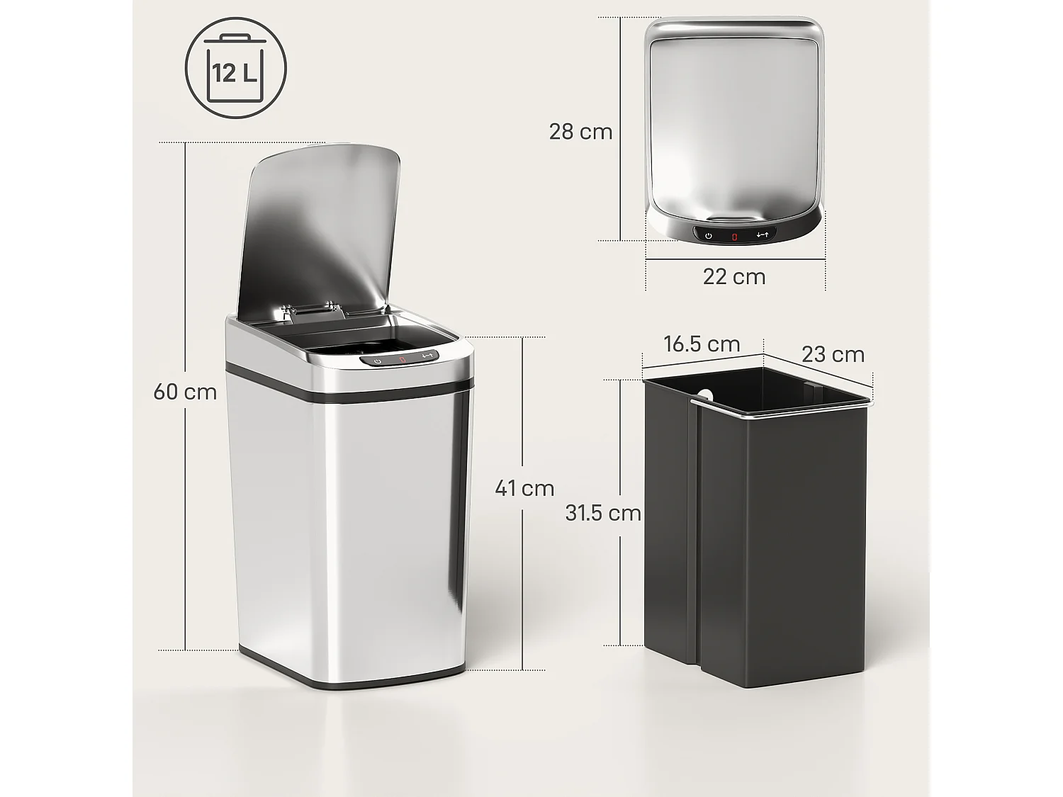 Cestino rifiuti da 12l a infrarossi in acciaio inox 28x22x41cm argento