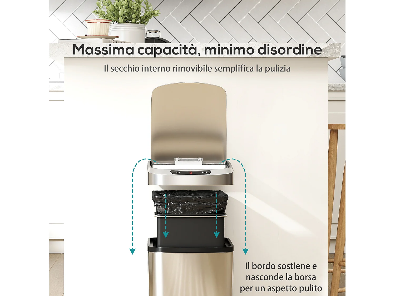 Cestino rifiuti da 12l a infrarossi in acciaio inox 28x22x41cm argento