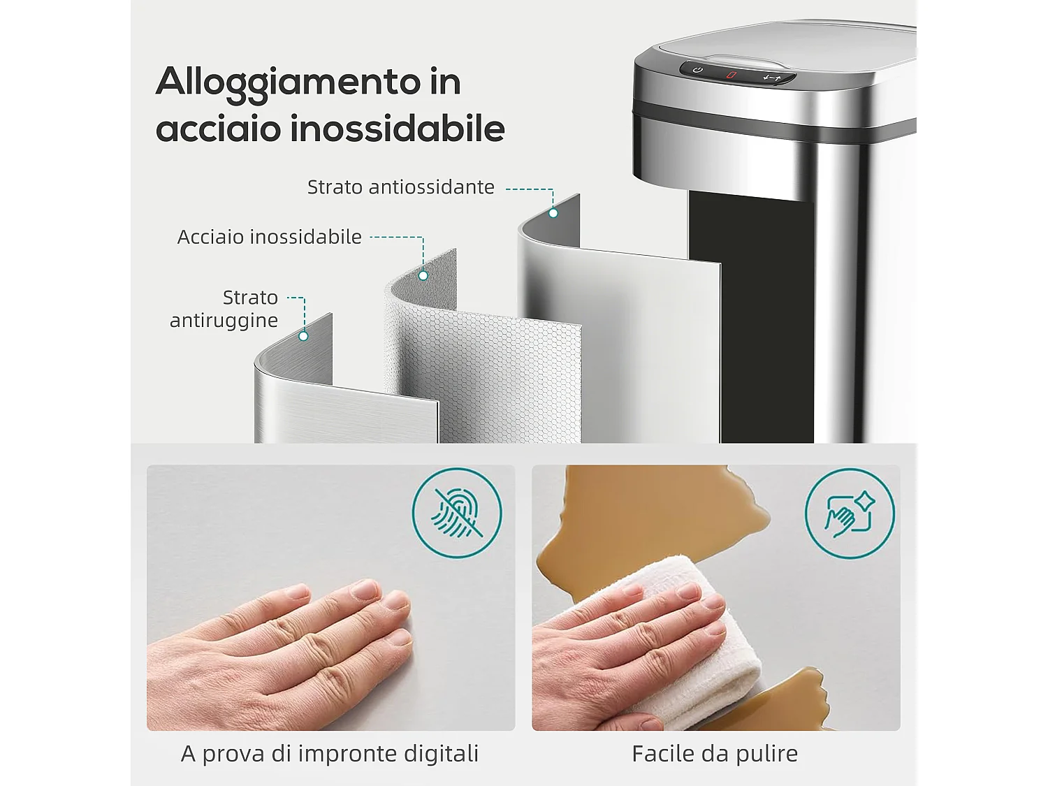 Cestino rifiuti da 12l a infrarossi in acciaio inox 28x22x41cm argento