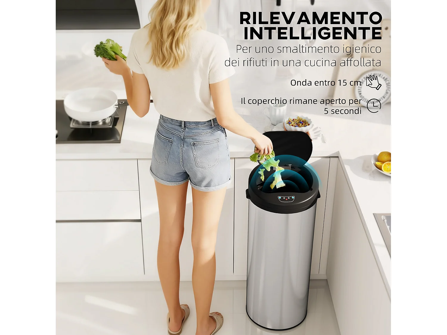 Bidone per rifiuti da 55 litri con apertura e chiusura automatica