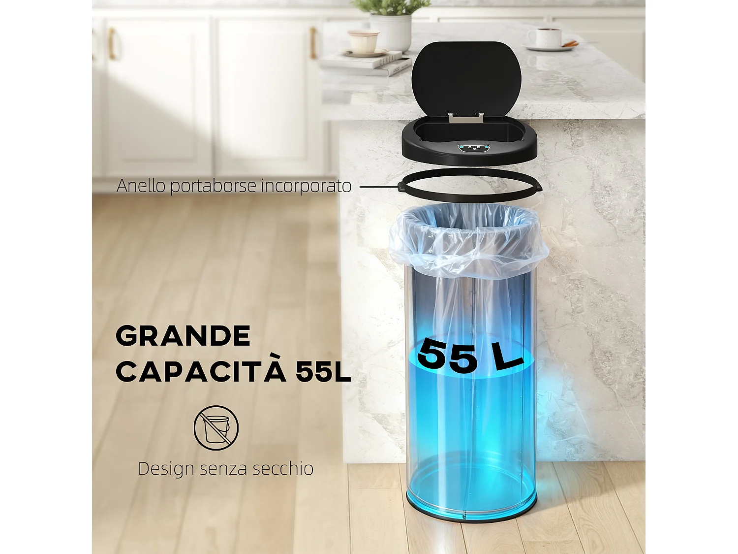 Bidone per rifiuti da 55 litri con apertura e chiusura automatica