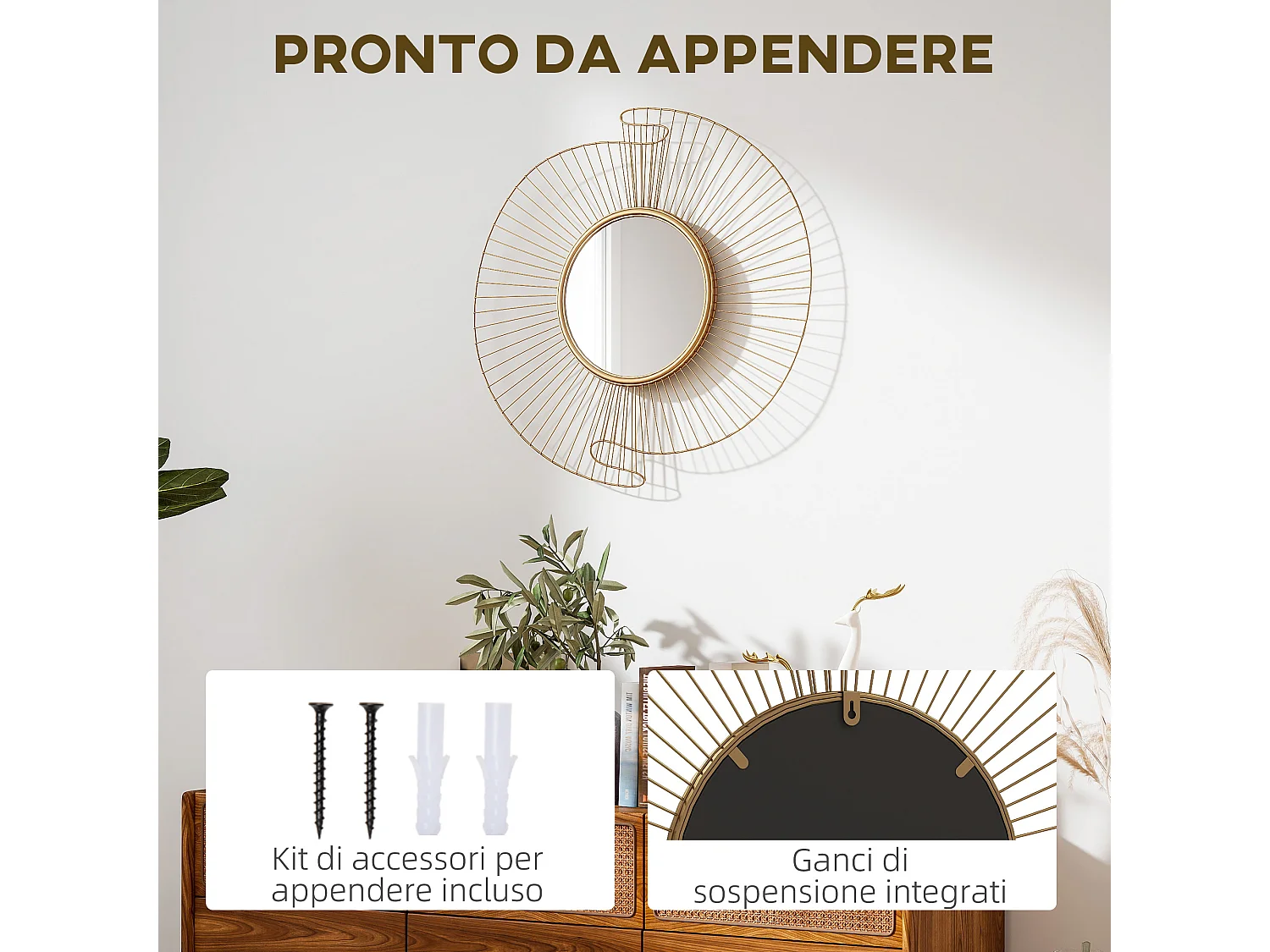 Specchio da parete rotondo moderno 60x60 cm in metallo dorato