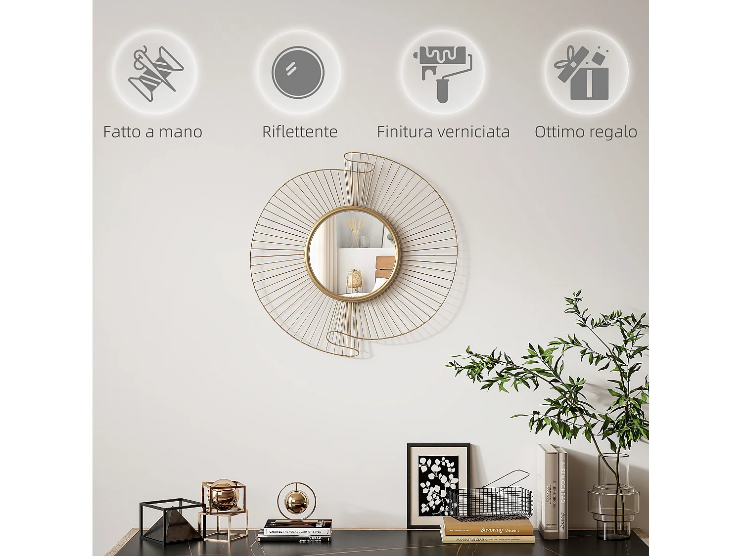 Specchio da parete rotondo moderno 60x60 cm in metallo dorato