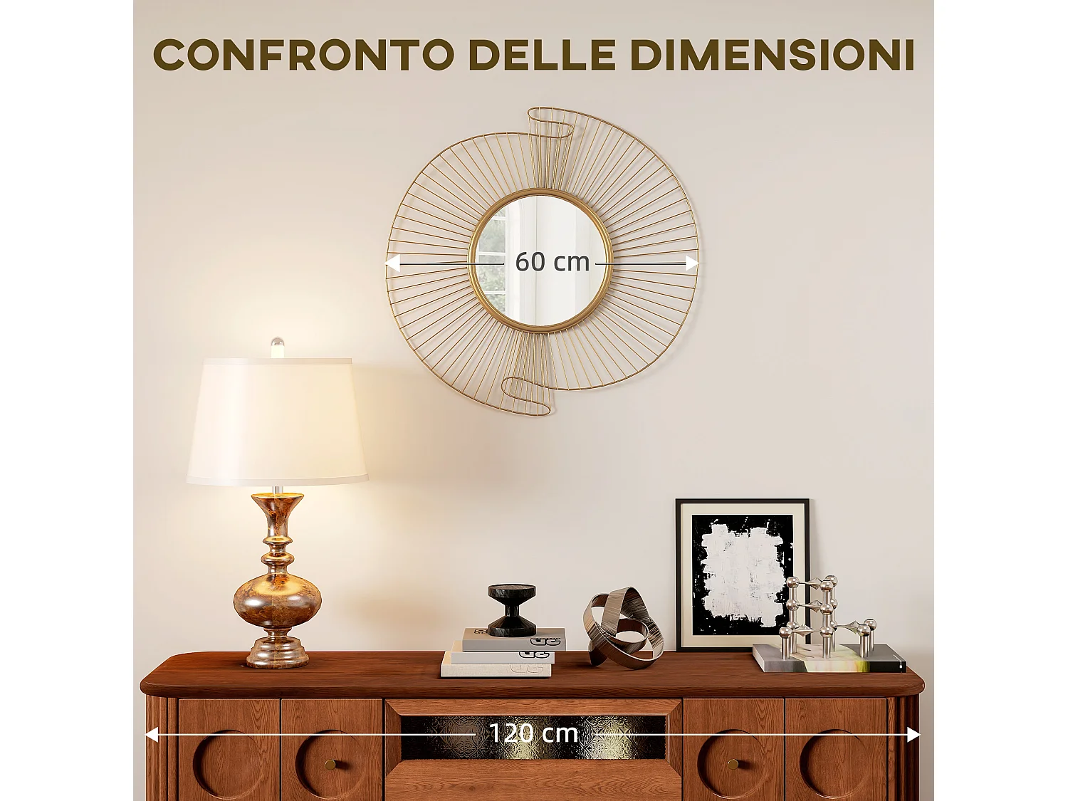 Specchio da parete rotondo moderno 60x60 cm in metallo dorato