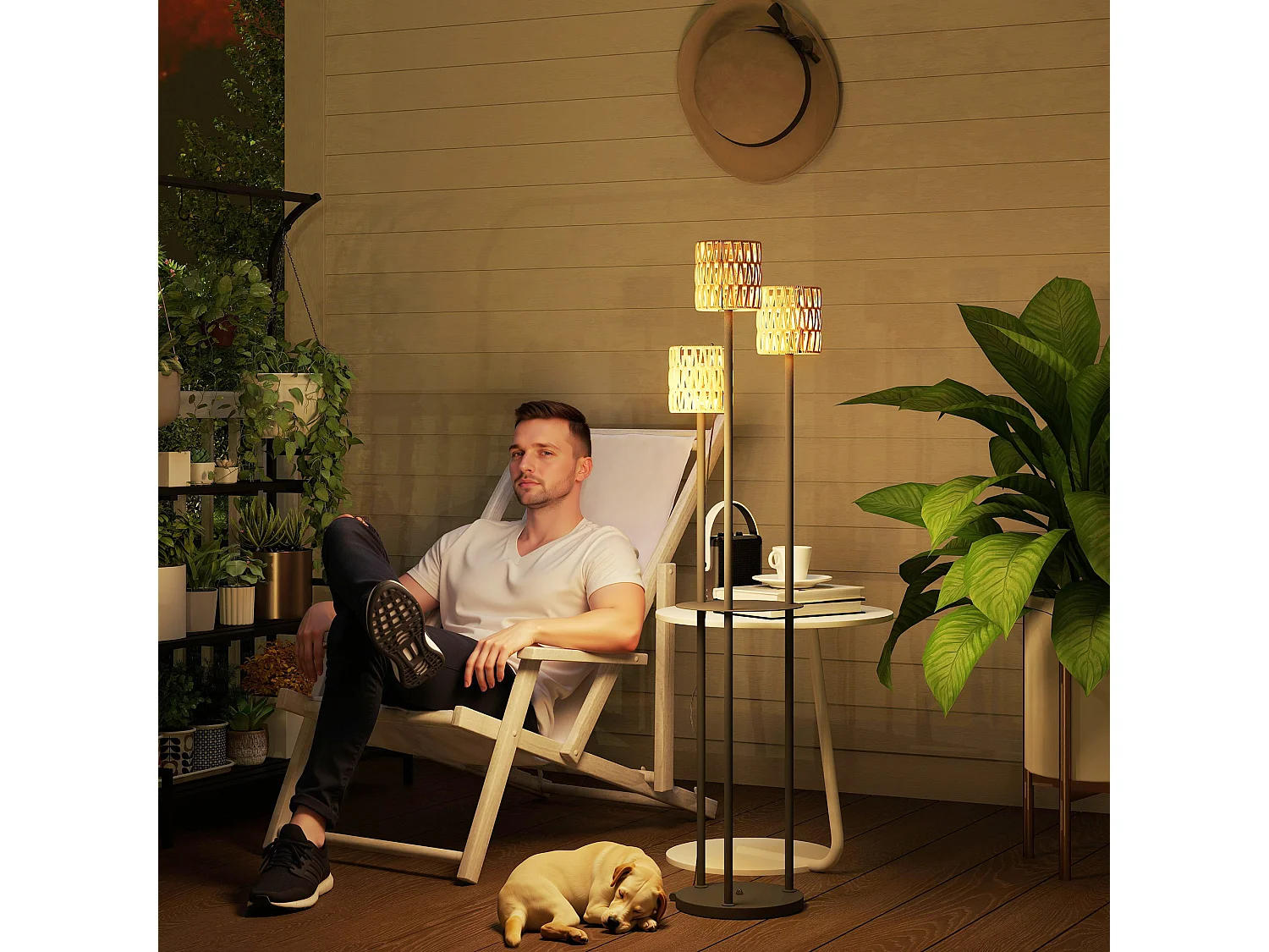 Lampada da esterno solare a 3 luci con ripiano centrale nero e giallo