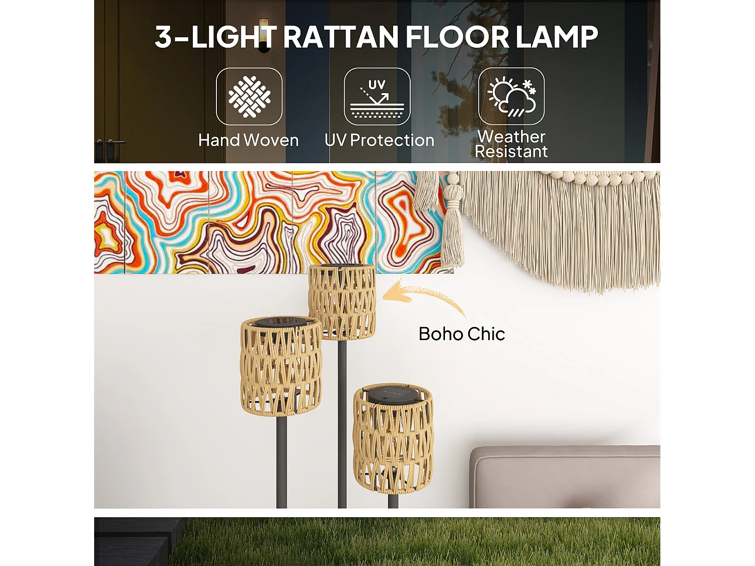 Lampada da esterno solare a 3 luci con ripiano centrale nero e giallo