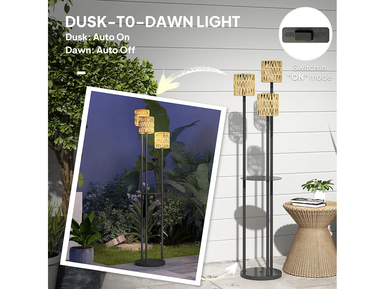 Lampada da esterno solare a 3 luci con ripiano centrale nero e giallo