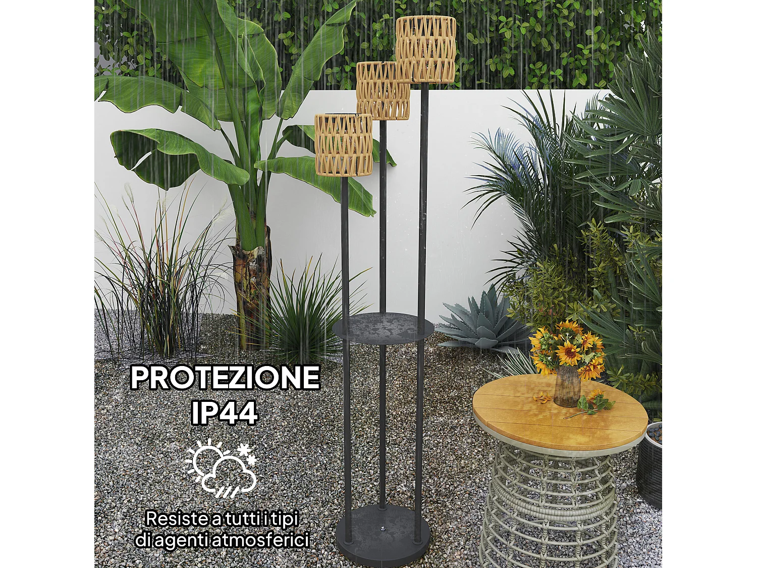 Lampada da esterno solare a 3 luci con ripiano centrale nero e giallo