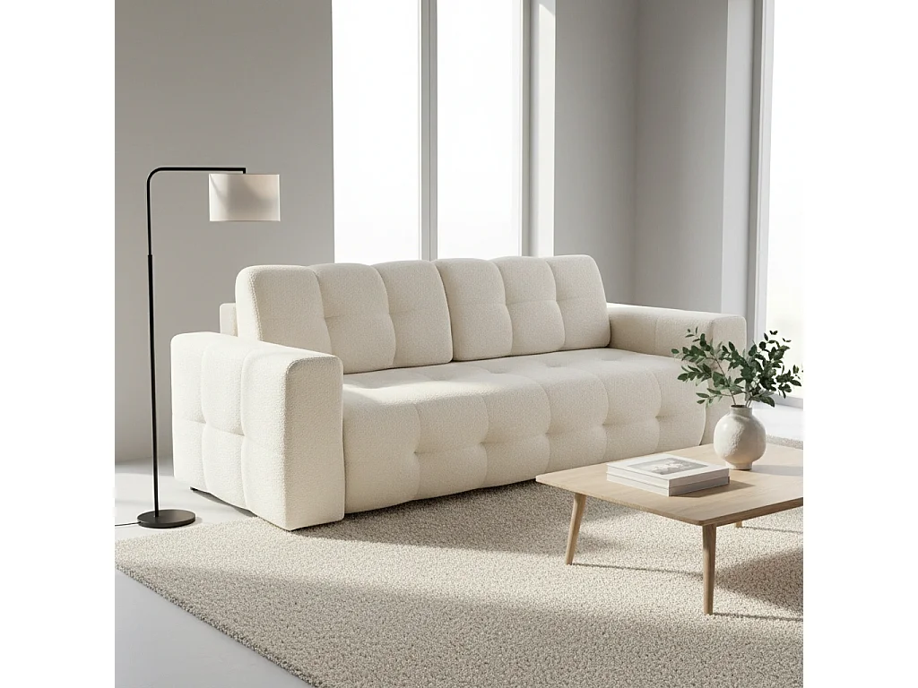 Canapé Convertible Avi - Tissu Bouclé Crème Lambi 1 - Coffre de Rangement